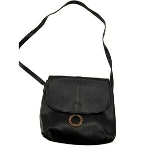 Vintage Louis Feraud Paris Black Leather Flap Shoulder Crossbody Bag Ring Detail